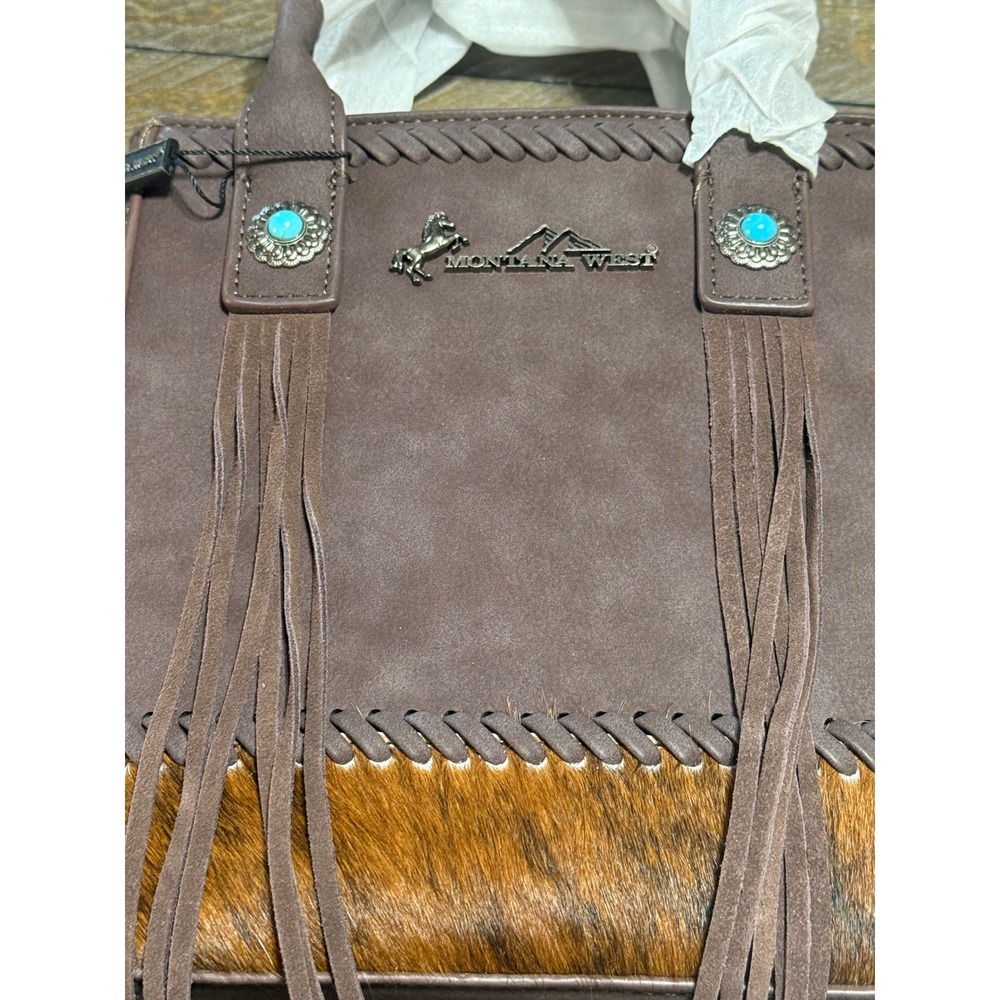 Montana West Tote Bag Womens Small Brown NWT Fringe Hair-on-Hide MW1368-8360CF - Picture 7 of 9